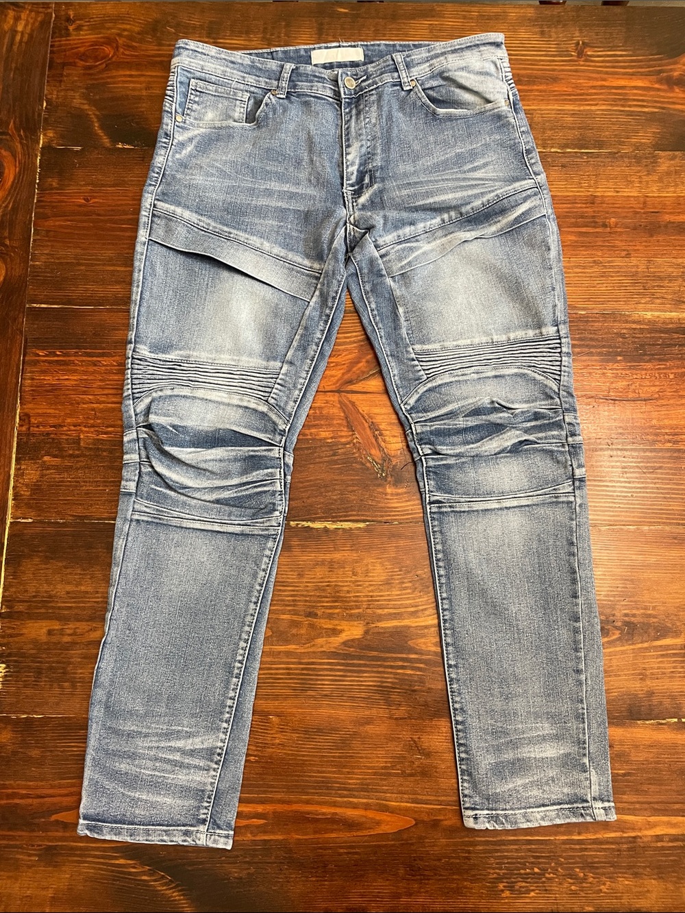 Slim Straight Moto Jeans in Faded Blue